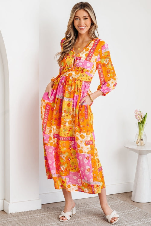 Floral Patchwork Cut-Out Tied Back Maxi Dress