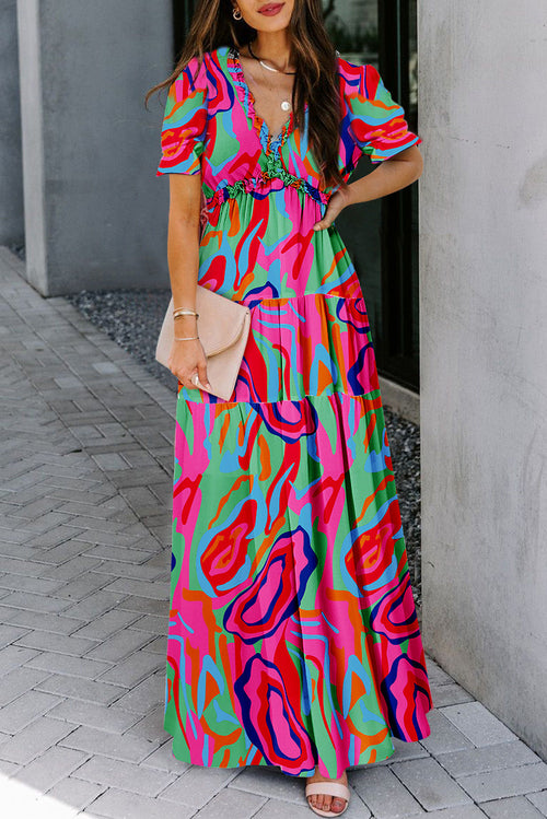 Floral Frilled V-Neck Short Sleeve Maxi Dress