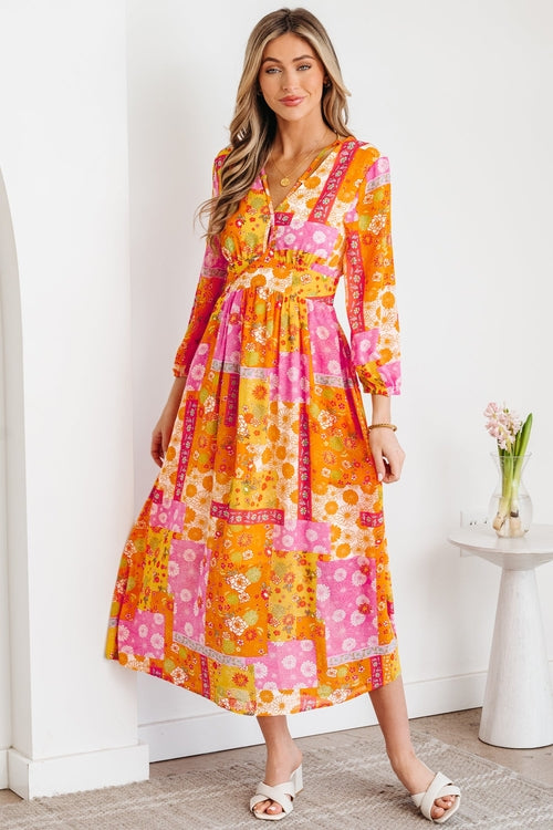 Floral Patchwork Cut-Out Tied Back Maxi Dress