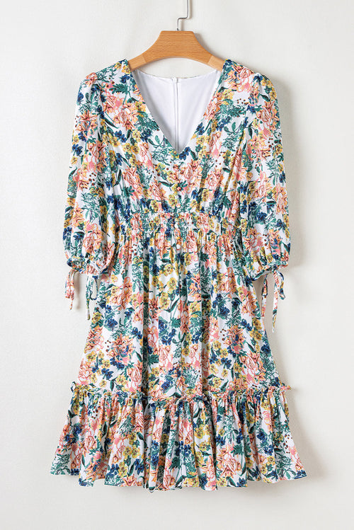 Floral 3/4 Sleeve V-Neck High Waist Ruffle Dress