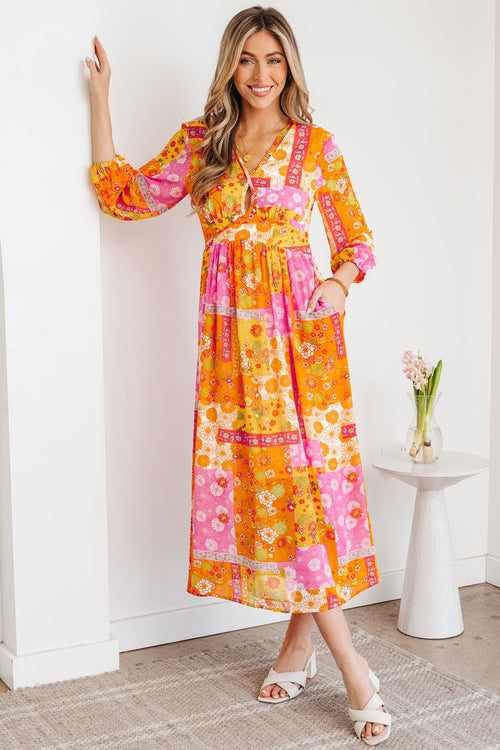 Floral Patchwork Cut-Out Tied Back Maxi Dress