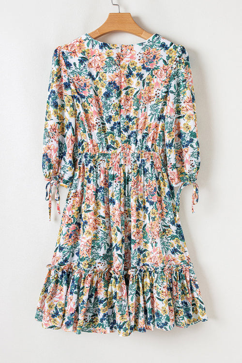 Floral 3/4 Sleeve V-Neck High Waist Ruffle Dress