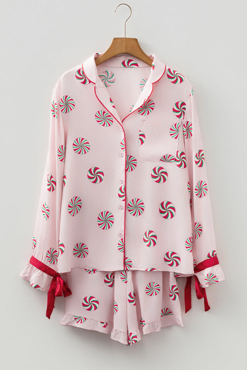 Christmas Bow Top and Ruffle Shorts Pajama Set