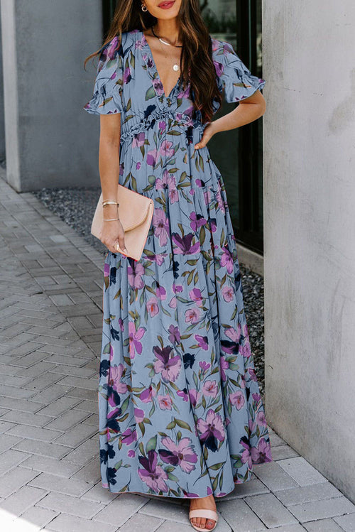 Floral Frilled V-Neck Short Sleeve Maxi Dress