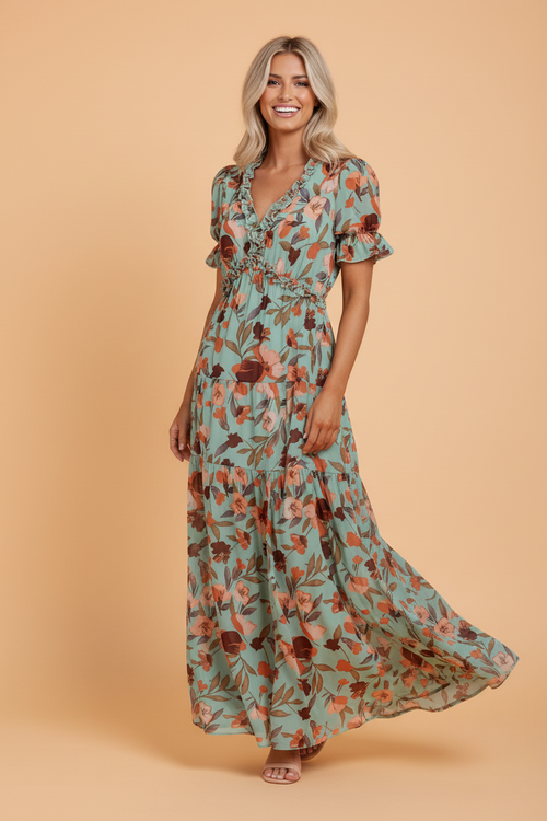 Floral Frilled V-Neck Short Sleeve Maxi Dress