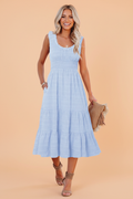 Shirred Pleated Square Neck Sleeveless Midi Dress