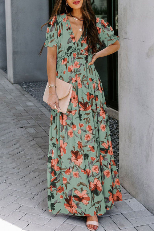 Floral Frilled V-Neck Short Sleeve Maxi Dress