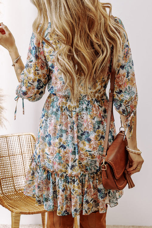 Floral 3/4 Sleeve V-Neck High Waist Ruffle Dress